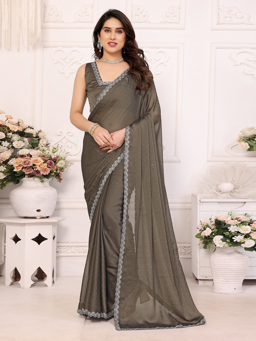 

Nirmohi Fashion Embellished Beads and Stones Pure Silk Saree, Grey