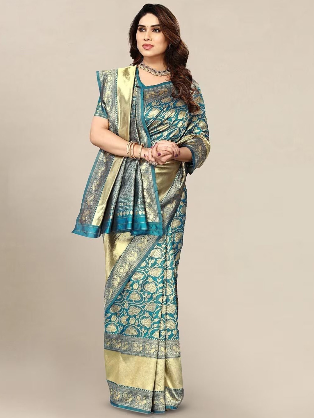 

GARIYA Woven Design Zari Kanjeevaram Saree, Teal