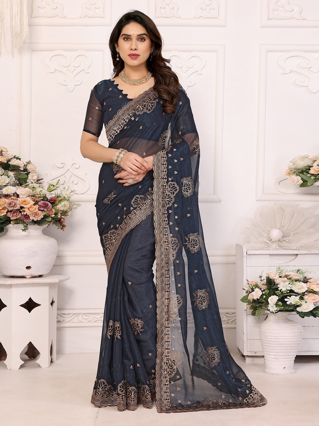 

Nirmohi Fashion Floral Embroidered Pure Silk Saree, Navy blue