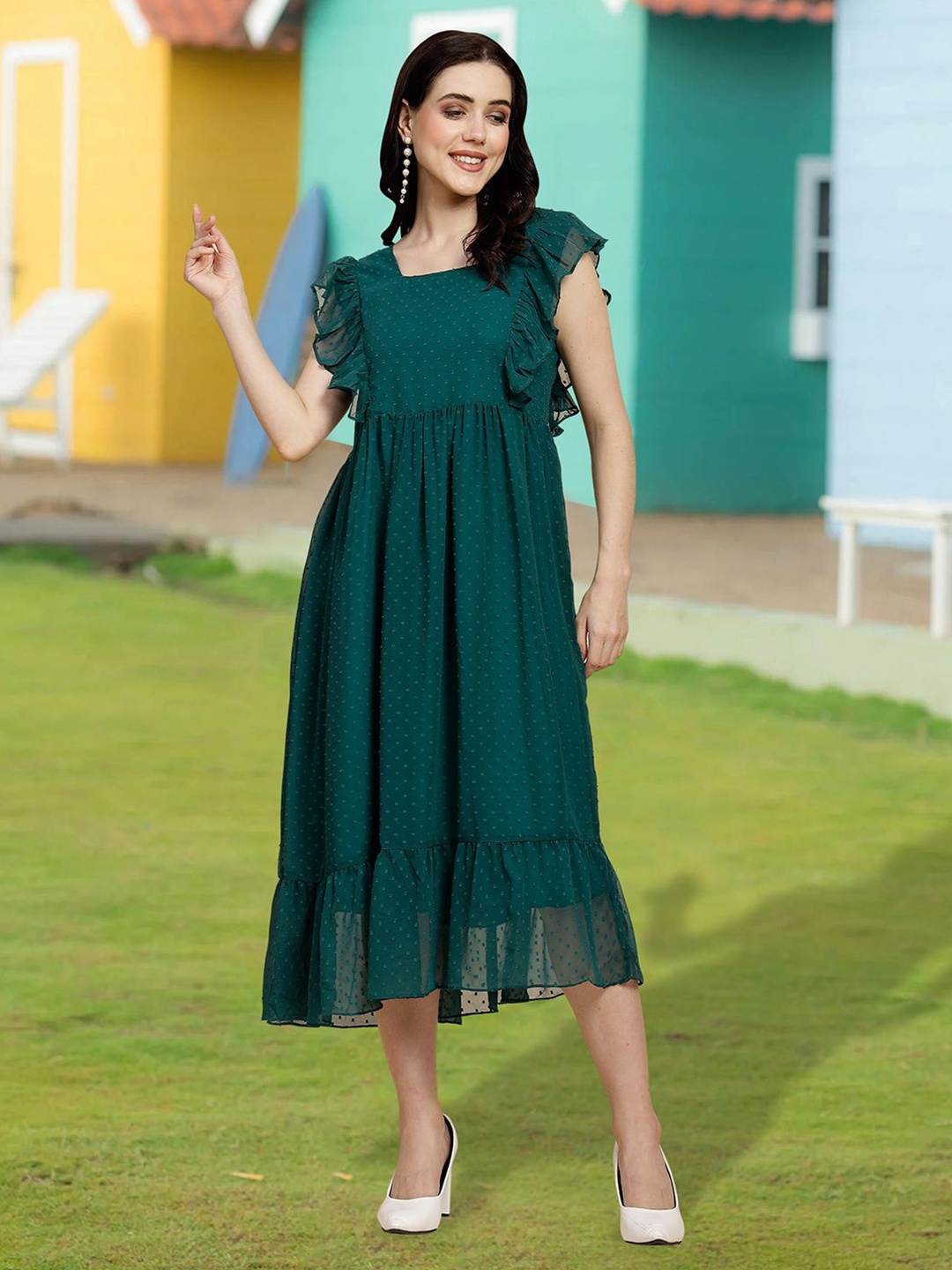 

MISS AYSE Applique Fit & Flare Dress, Green