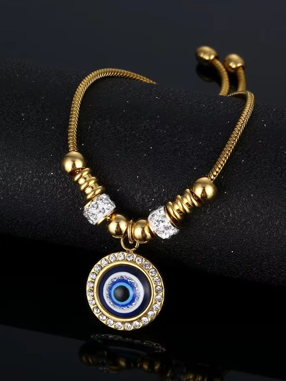 

Peora Gold Plated Cubic Zirconia Studded Evil Eye Adjustable Wraparound Bracelet