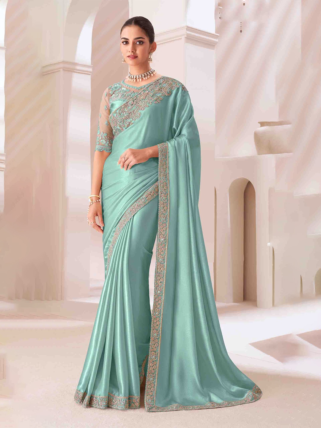 

Mitera Embellished Embroidered Pure Georgette Saree, Green