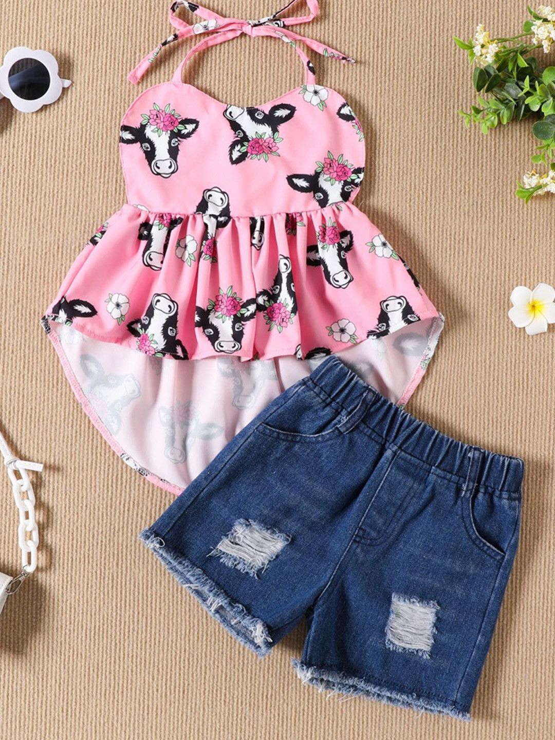 

LULU & SKY Girls Printed Halter Neck Top With Shorts, Pink