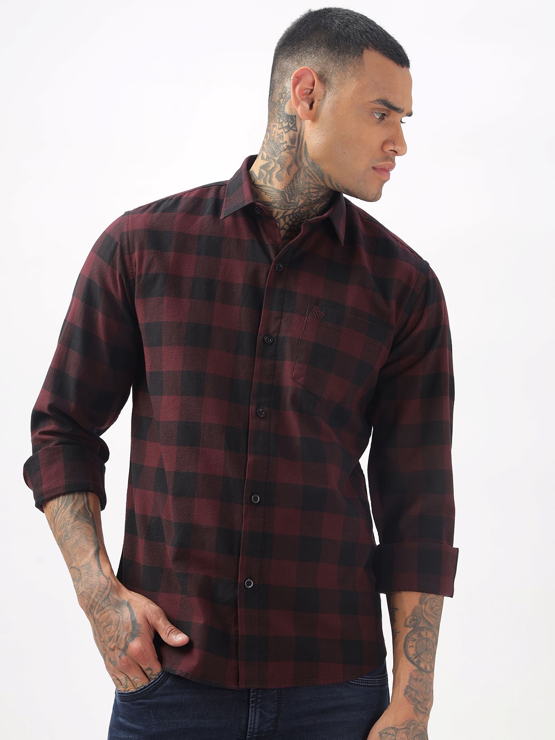 

BS BLUE SQUAD Men Slim Fit Opaque Checked Casual Shirt, Maroon