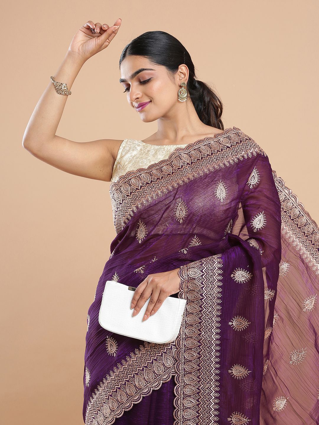 

Kalyan Silks Floral Embroidered Organza Saree, Purple
