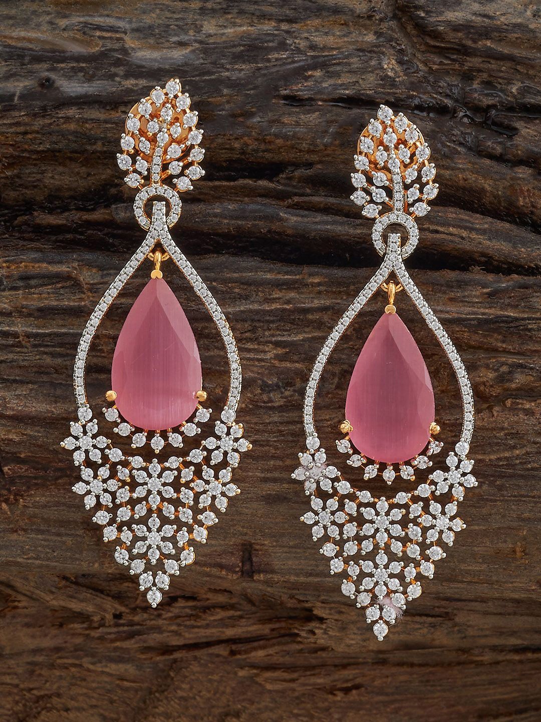 

Kushal's Fashion Jewellery Gold-Plated Zircon Studded Teardrop Shaped Drop Earrings