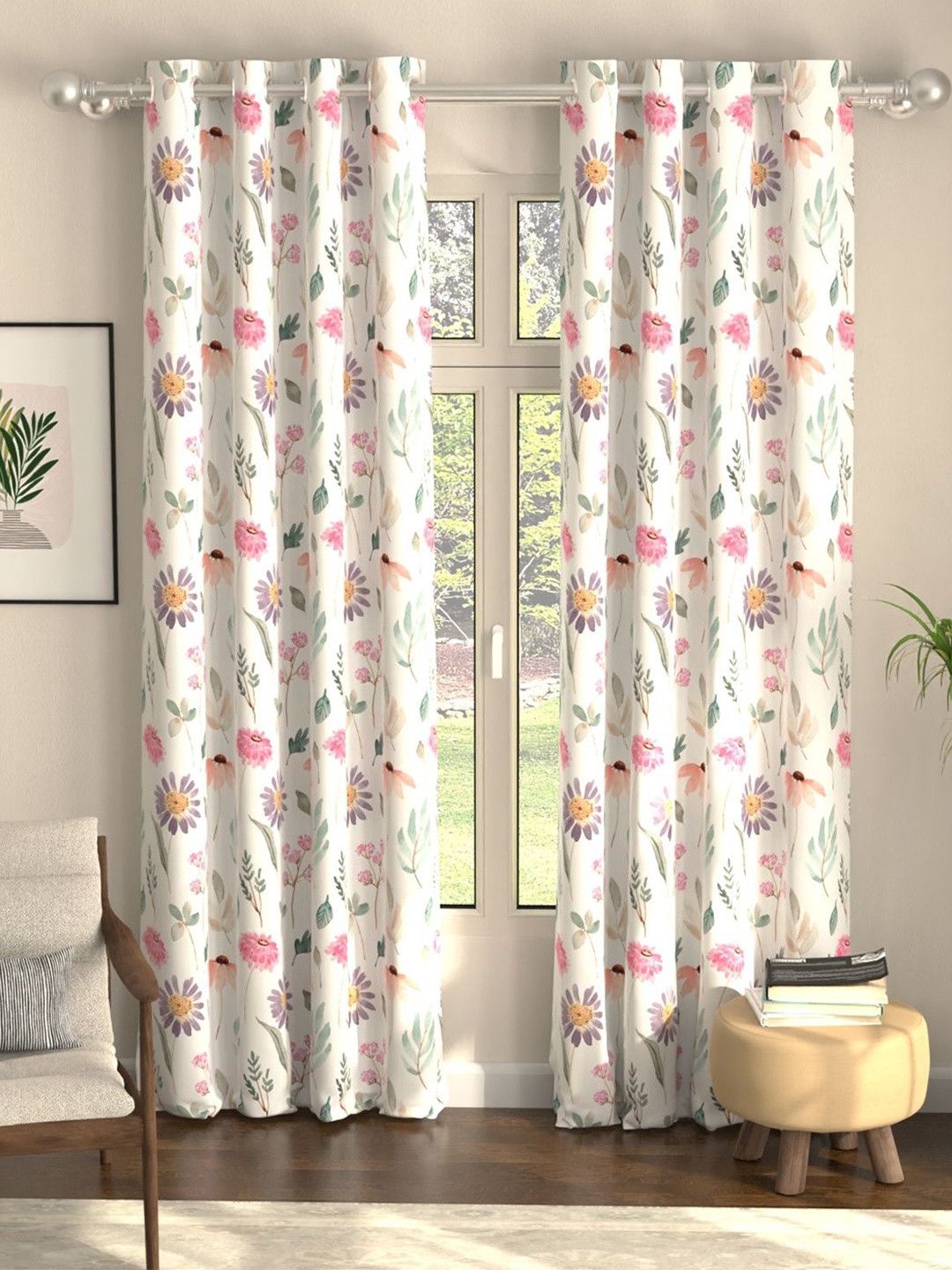 

URBAN SPACE Pink & White 2 Pieces Floral Printed Black Out Long Door Curtains