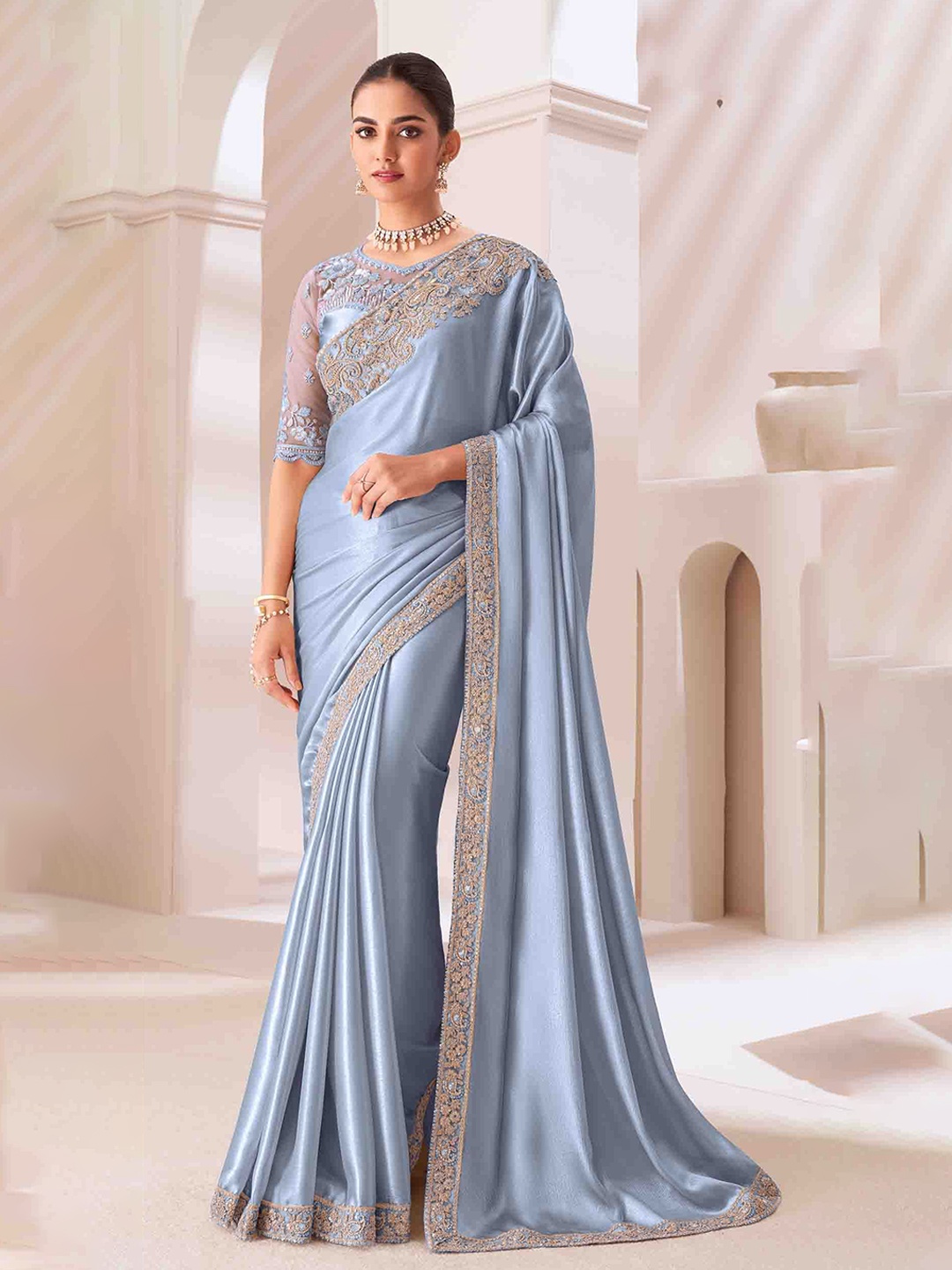 

Mitera Embellished Embroidered Pure Georgette Saree, Blue