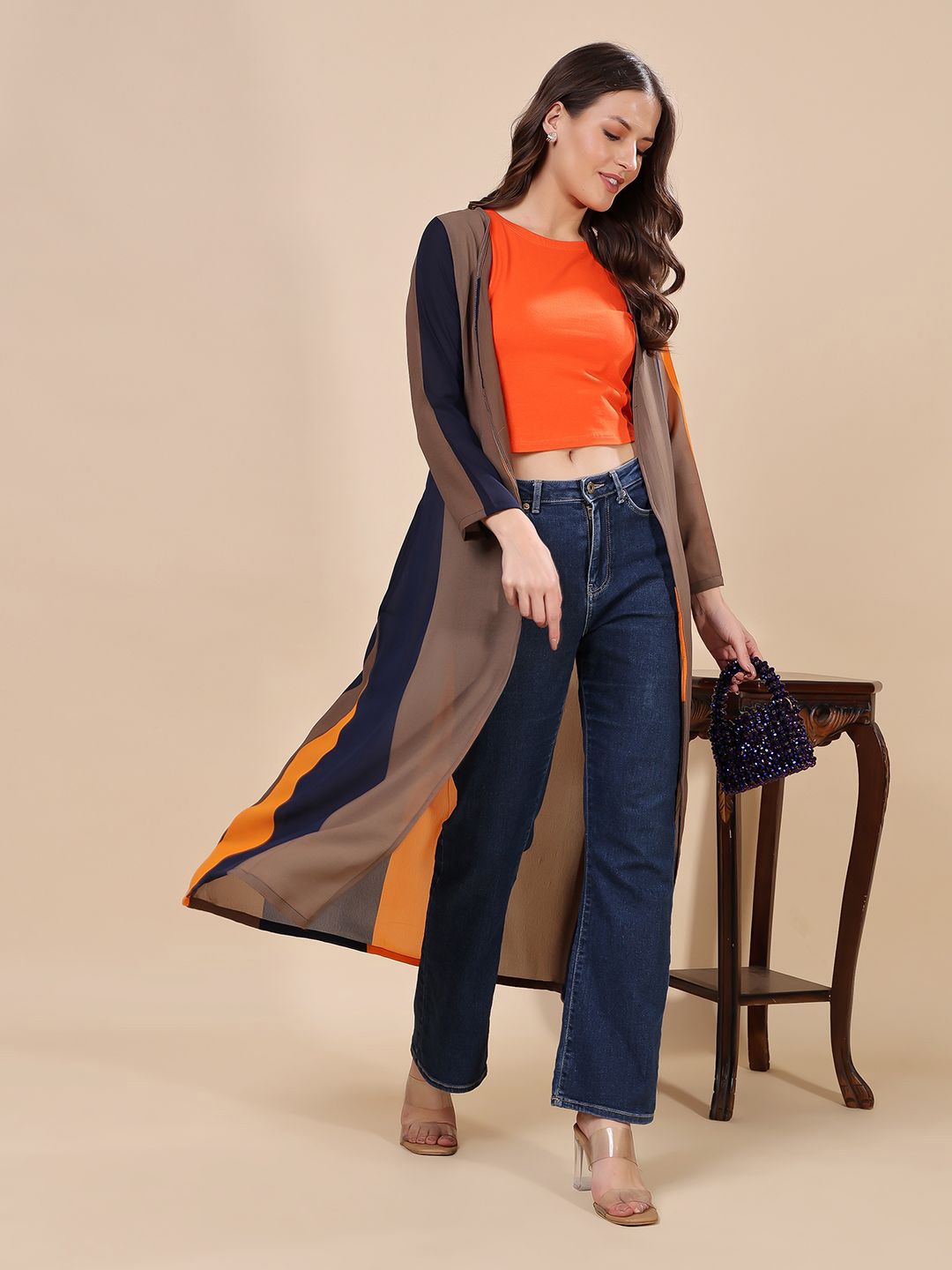 

Cation Colourblocked Longline Open Front Shrug, Navy blue