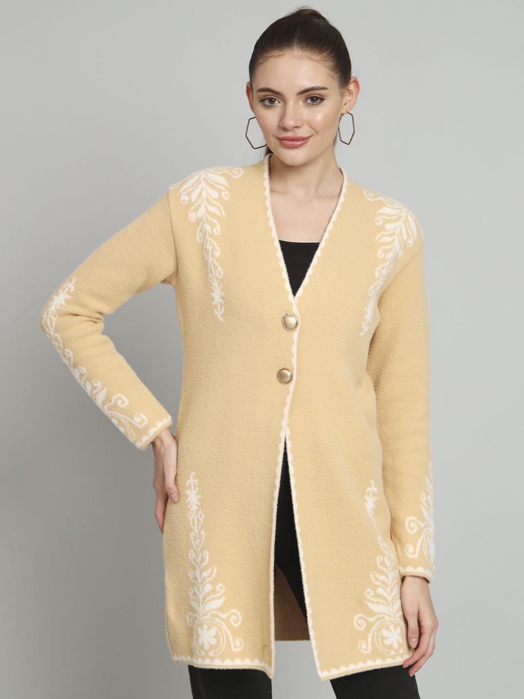 

Chemistry Floral Printed Woollen Longline Cardigan Sweater, Beige