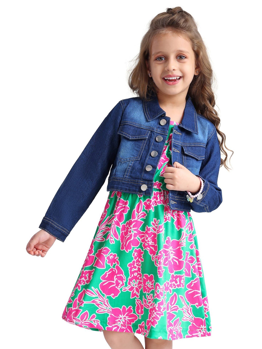 

Hola Bonita Girls Printed Denim Fit & Flare Dress, Green