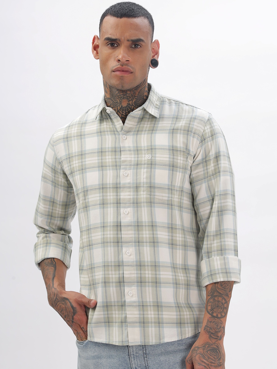 

BS BLUE SQUAD Men Slim Fit Opaque Checked Casual Shirt, Green