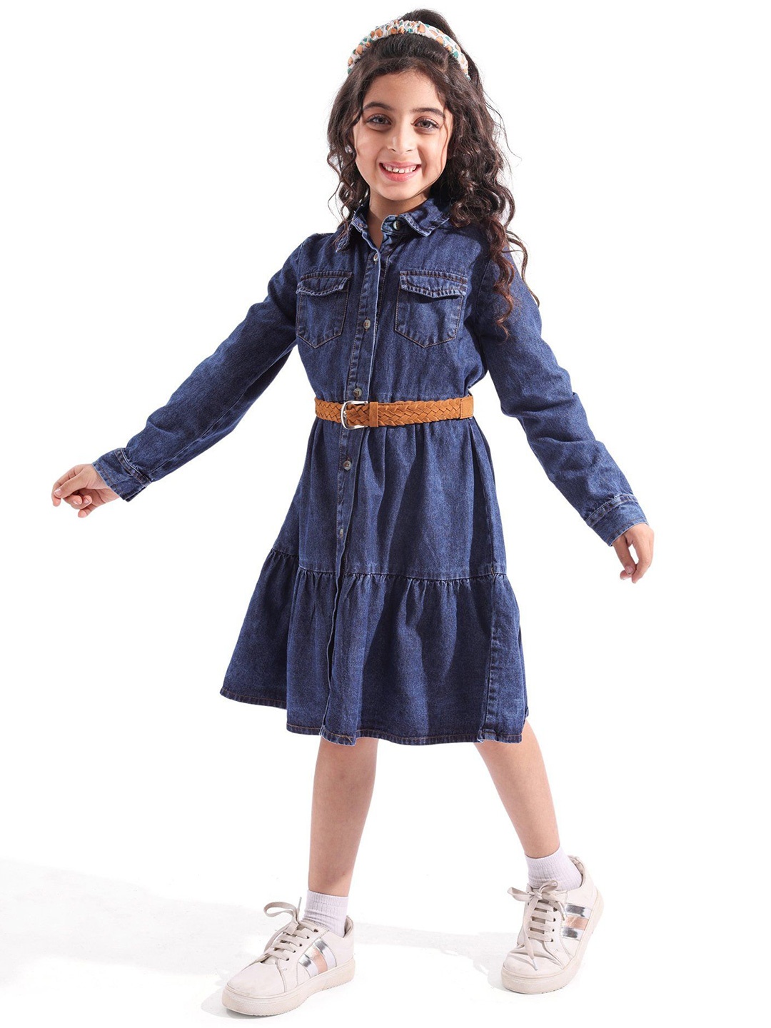 

Hola Bonita Girls Shirt Collar Pure Cotton Shirt Knee Length Dress, Blue