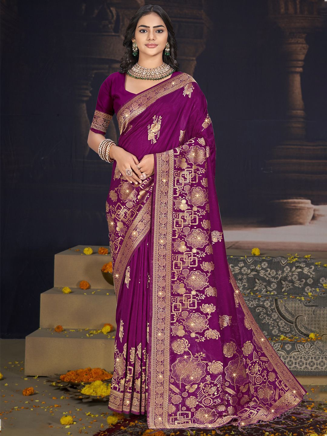 

SANGAM PRINTS Woven Design Zari Tussar Saree, Purple