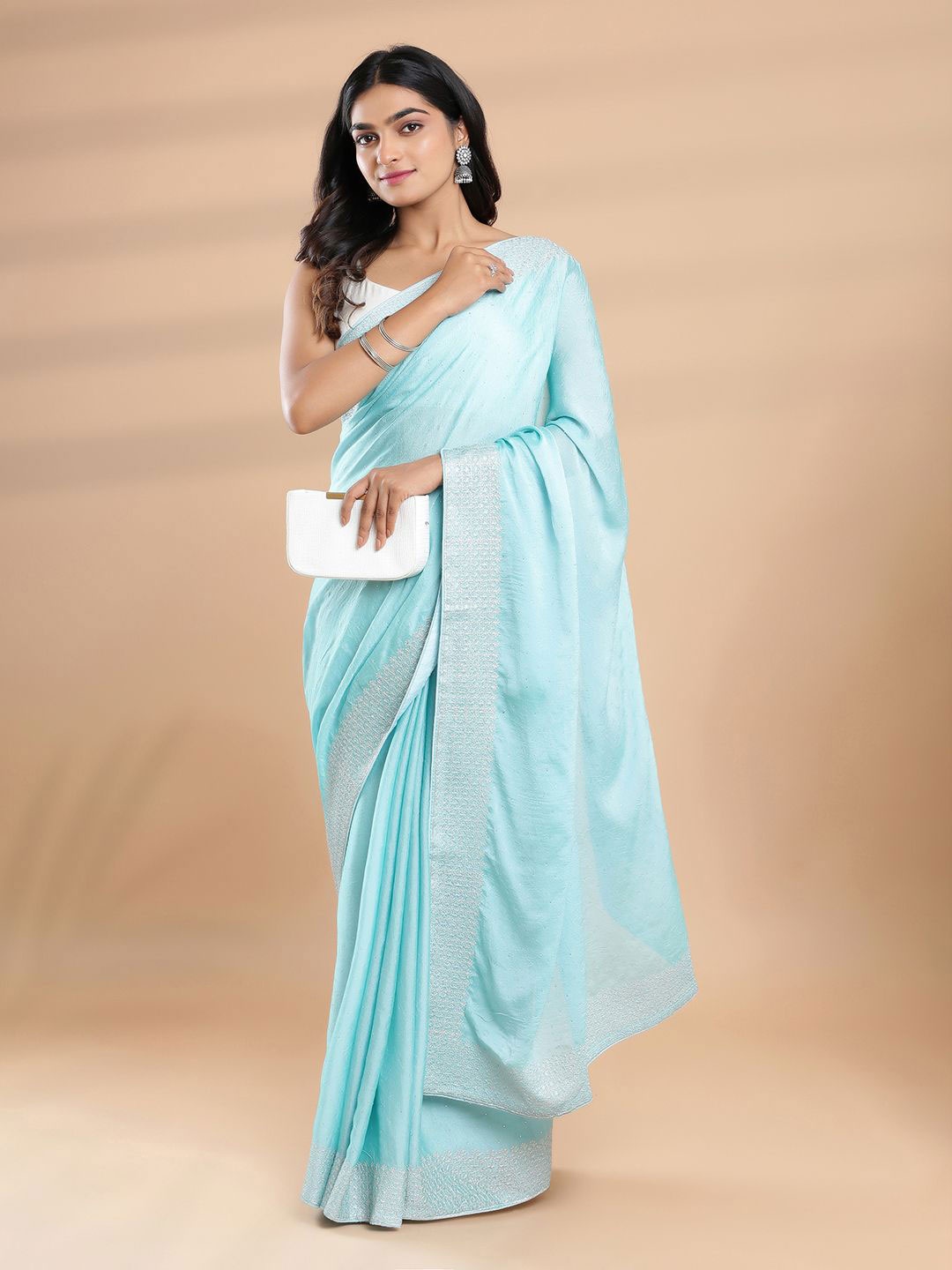 

Kalyan Silks Floral Beads and Stones Poly Crepe Saree, Blue