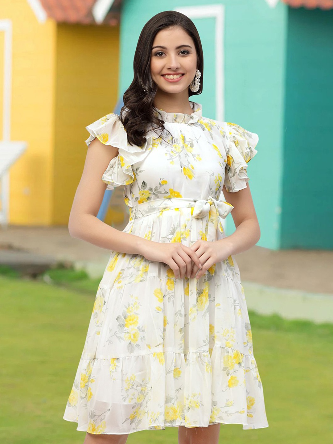 

MISS AYSE Floral Print Applique Fit & Flare Dress, Yellow