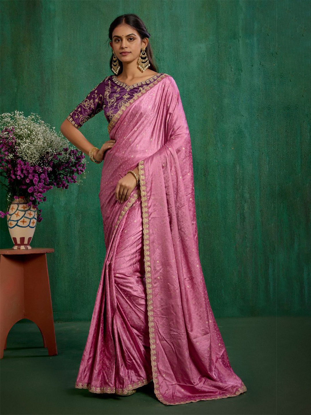 

Sangria Pink Satin Jacquard Embroidery Ready to Wear Saree