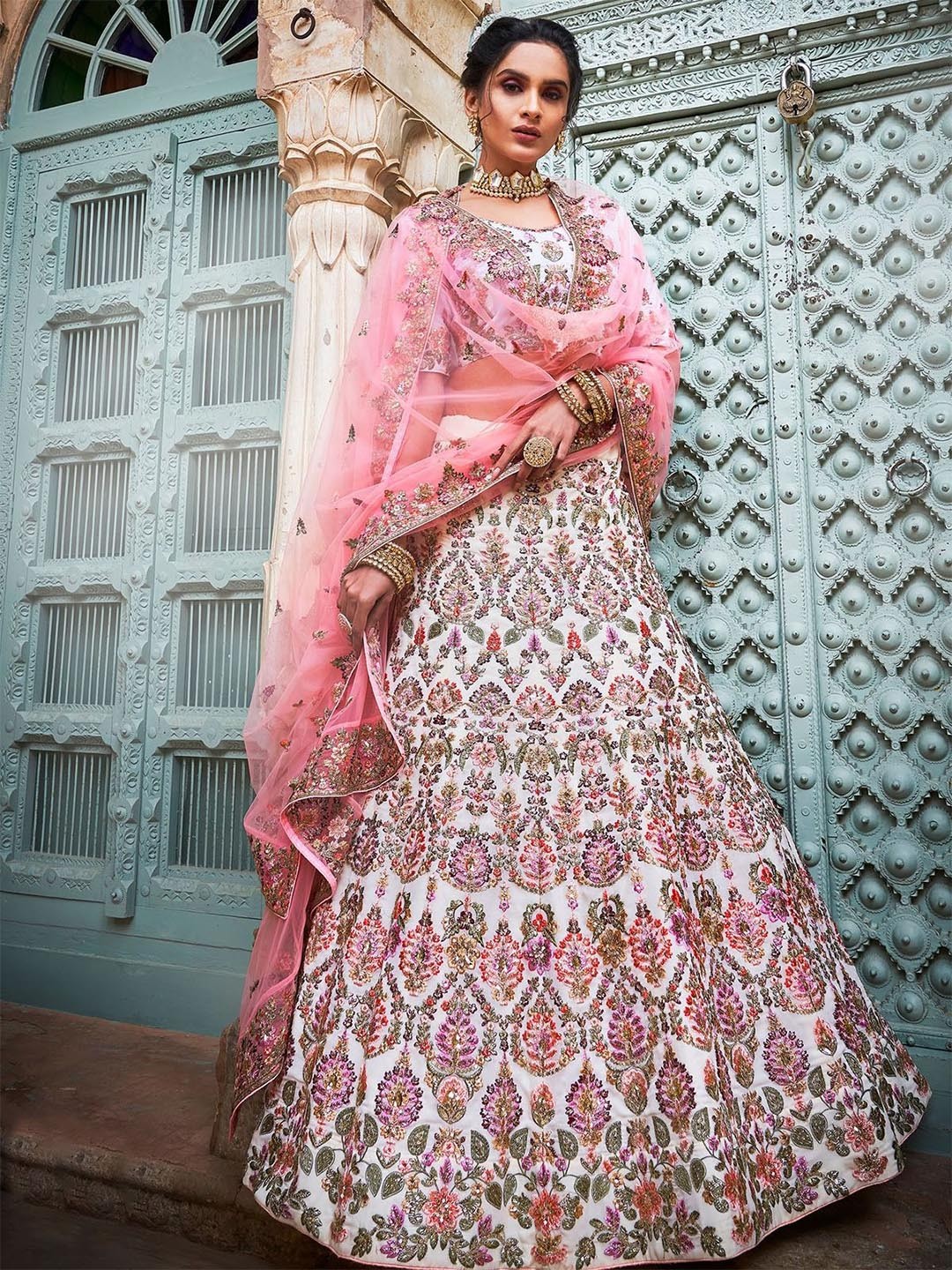 

ODETTE Embroidered Thread Work Semi-Stitched Lehenga & Unstitched Blouse With Dupatta, Off white