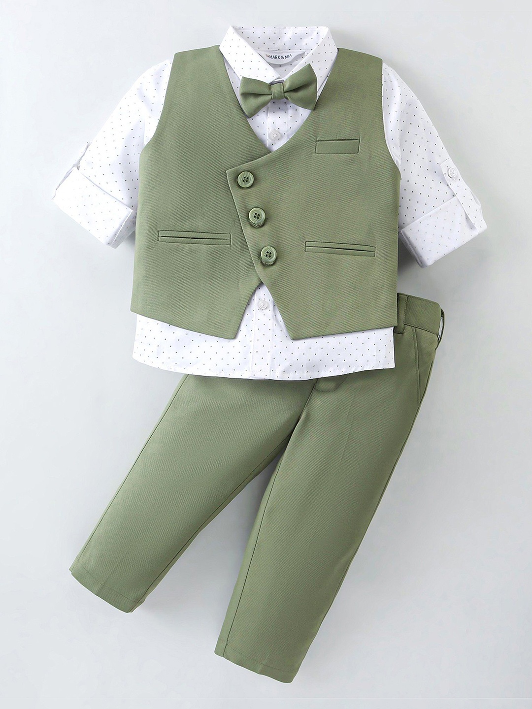 

Mark & Mia Boys Single Breasted 3 Piece Suit Waistcoat With Shirt Trouser & Bow Tie, Green