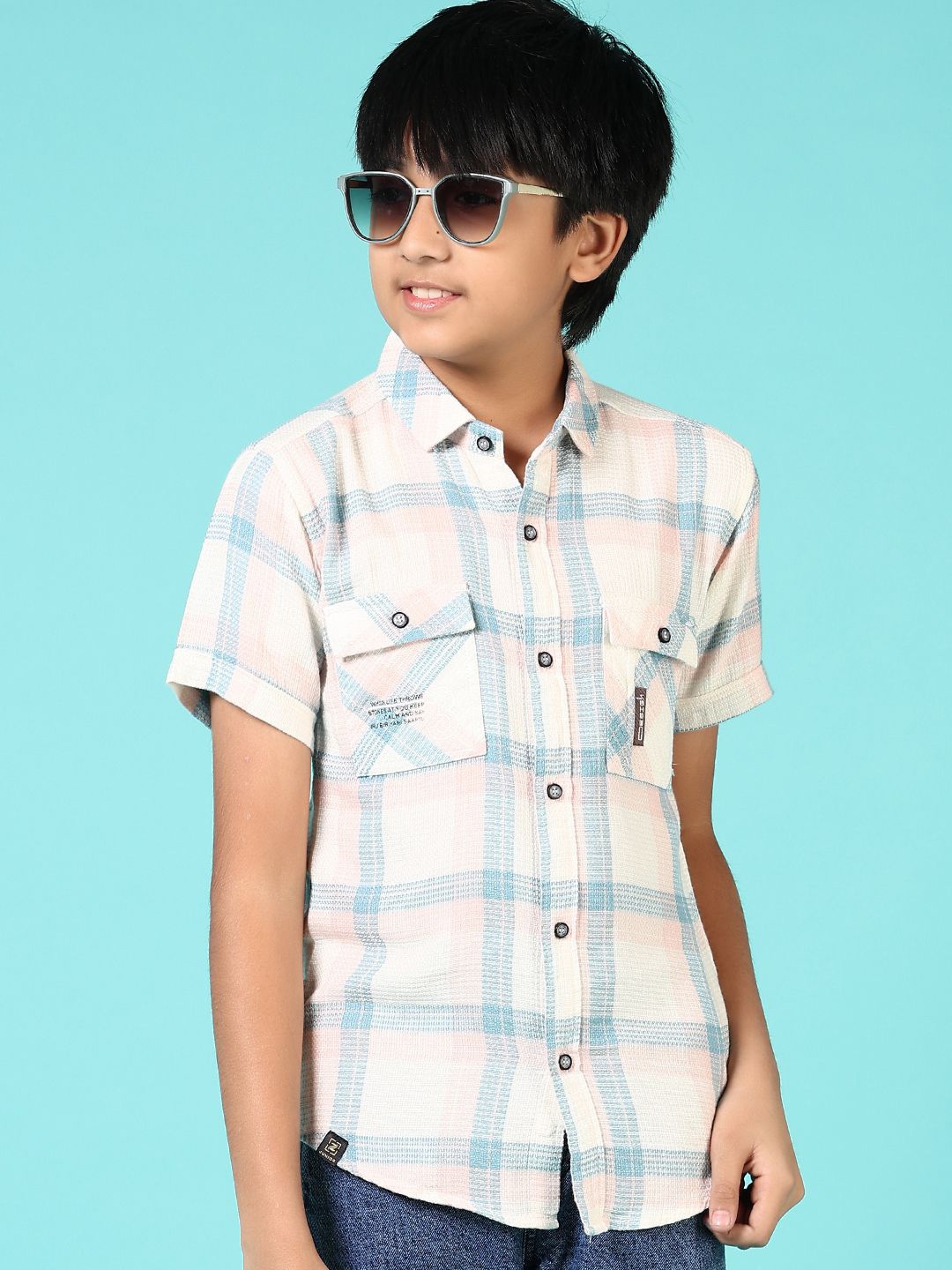 

V-Mart Boys Spread Collar Checked Cotton Casual Shirt, Cream