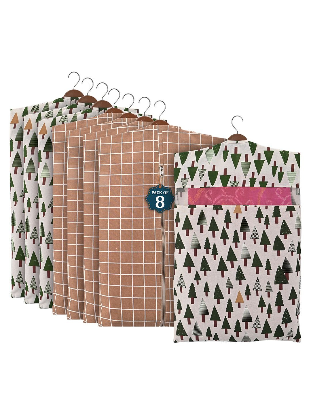 

Kuber Industries Brown 8 Pieces Cotton Regular Hanging Saree Cover Multiutility Organisers