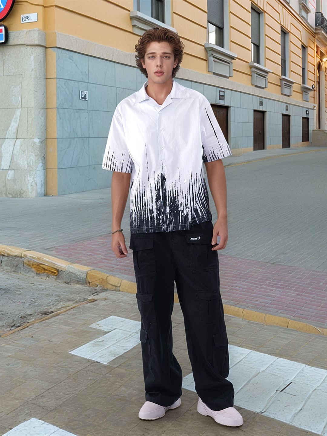 

HERE&NOW Men Relaxed Fit Cuban Collar Abstract Printed Cotton Casual Shirt, White