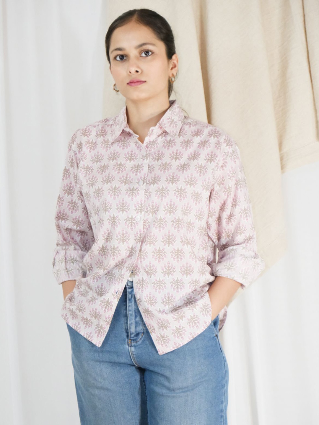 

Ruha Women Floral Printed Cotton Shirt Style Longline Top, Pink
