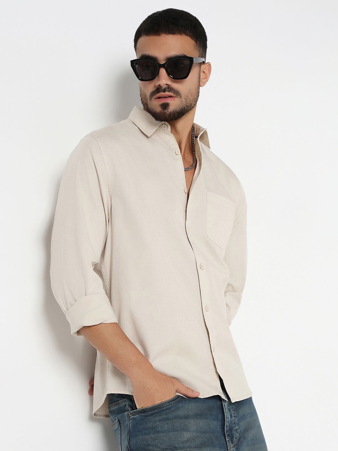 

R&B Men Spread Collar Solid Cotton Casual Shirt, Beige