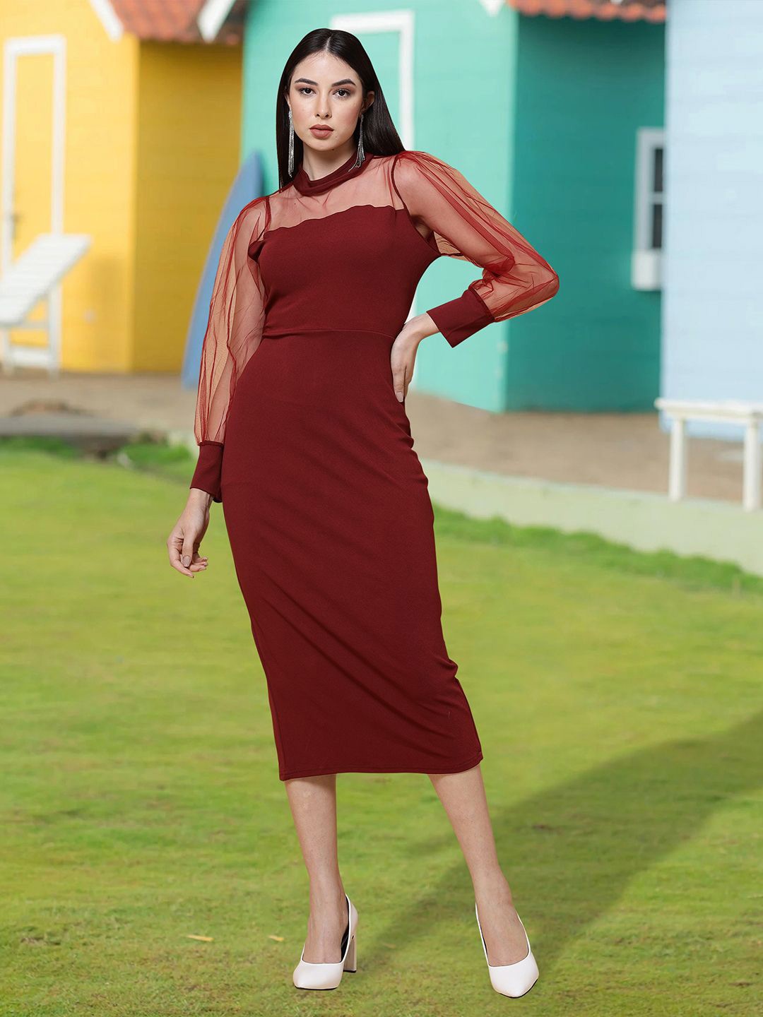 

MISS AYSE Applique Bodycon Dress, Maroon