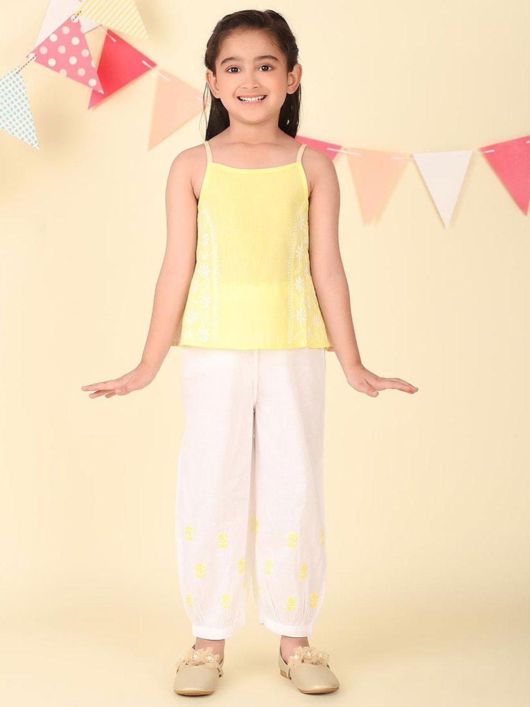 

Fabindia Girls Embroidered Pure Cotton Top With Trouser, Yellow