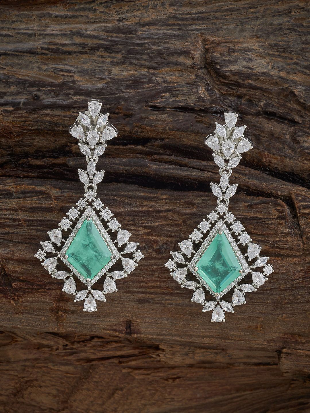 

Kushal's Fashion Jewellery Rhodium-Plated Zircon Studded Contemporary Drop Earrings, Silver