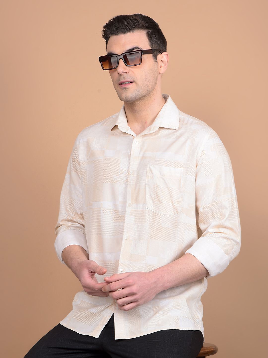 

Crimsoune Club Men Classic Slim Fit Spread Collar Abstract Printed Cotton Casual Shirt, Beige