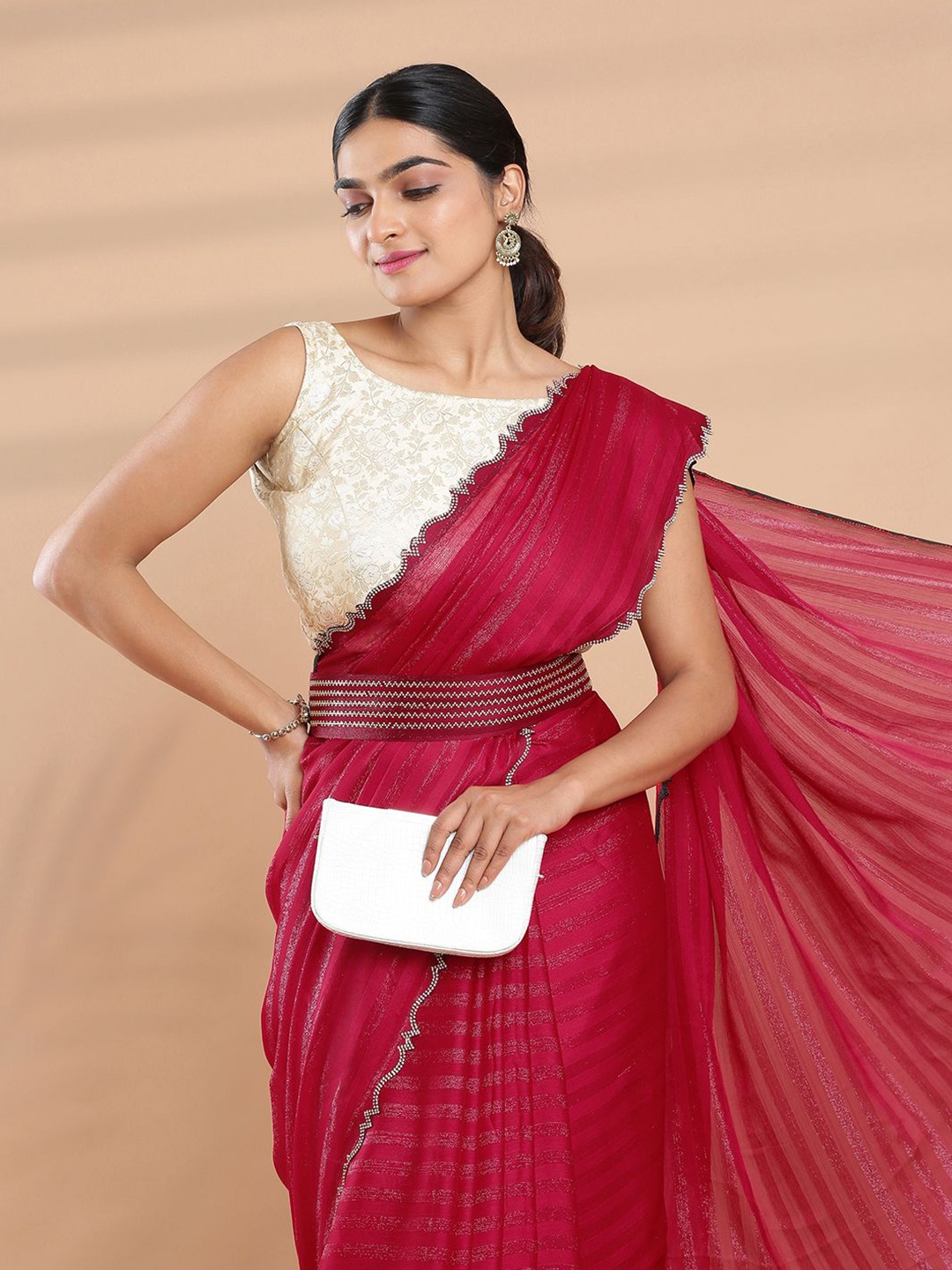 

Kalyan Silks Striped Beads and Stones Poly Chiffon Saree, Red