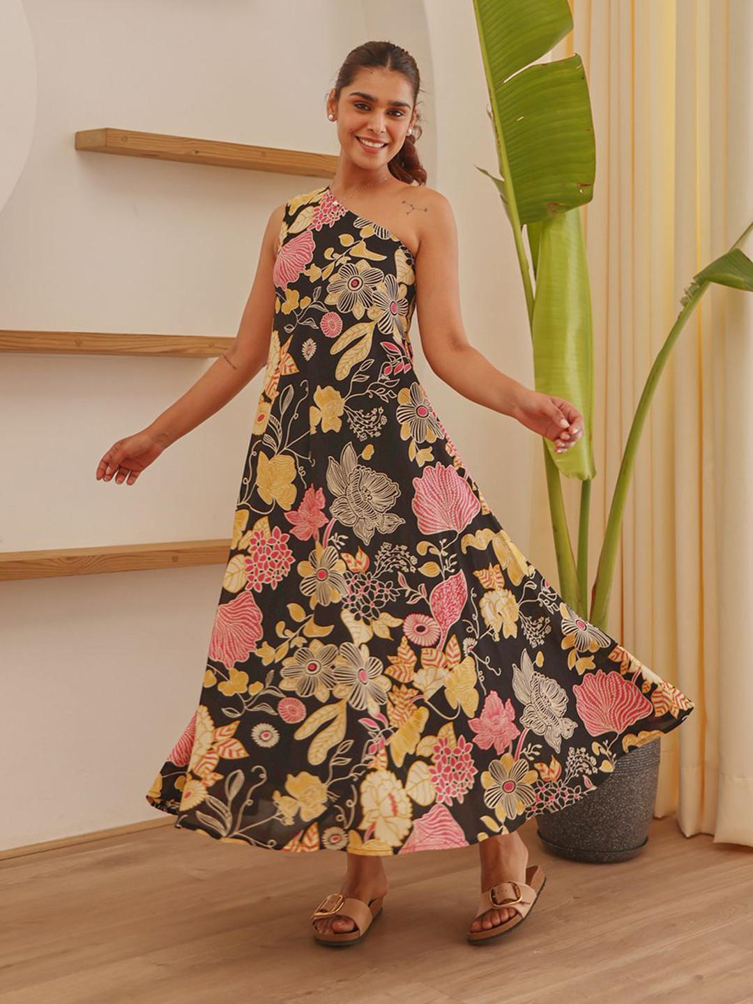 

Ekohum Floral Printed One Shoulder Midi Dress, Black