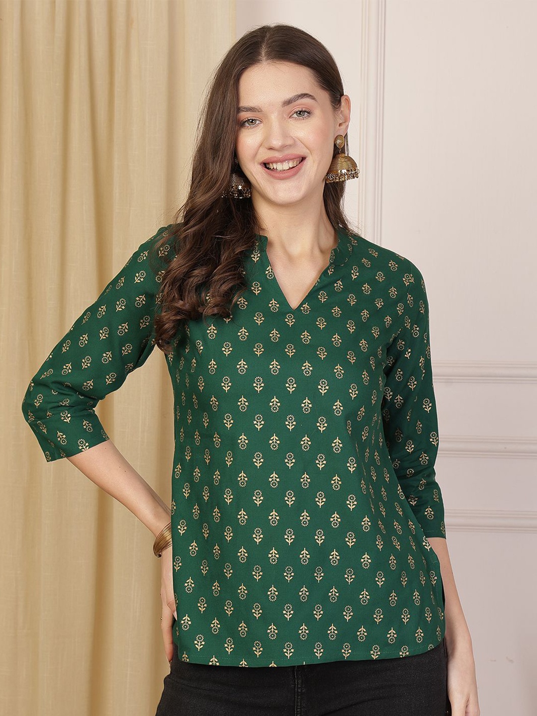 

Anouk Rustic Floral Print Mandarin Collar Top, Green