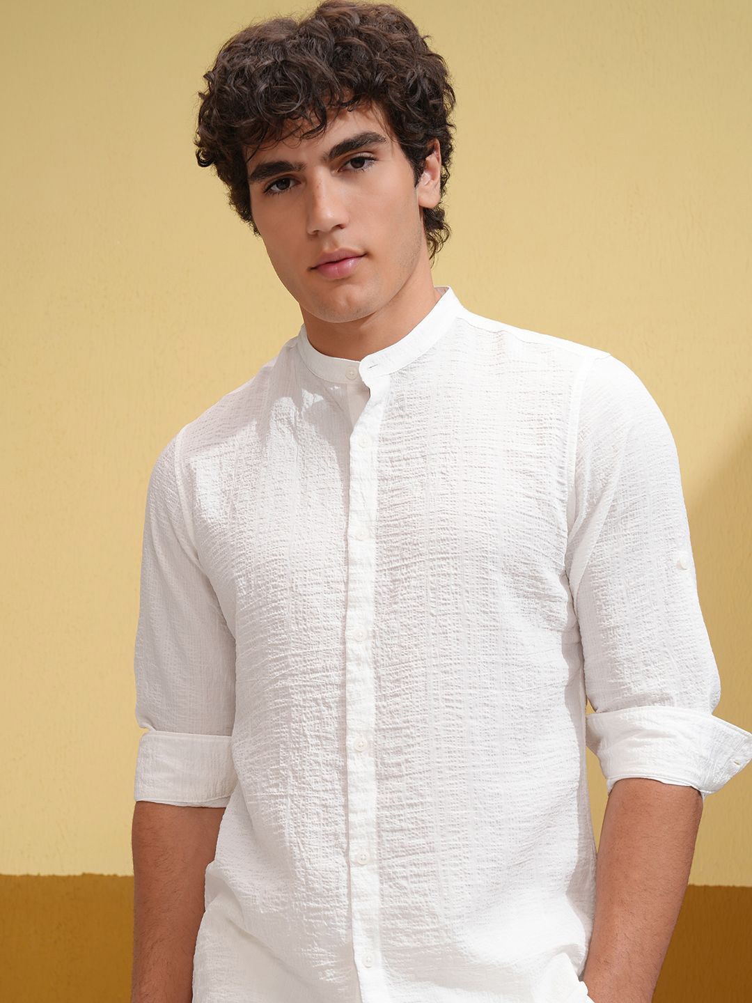 

HIGHLANDER Men Band Collar Textured Casual Shirt, White