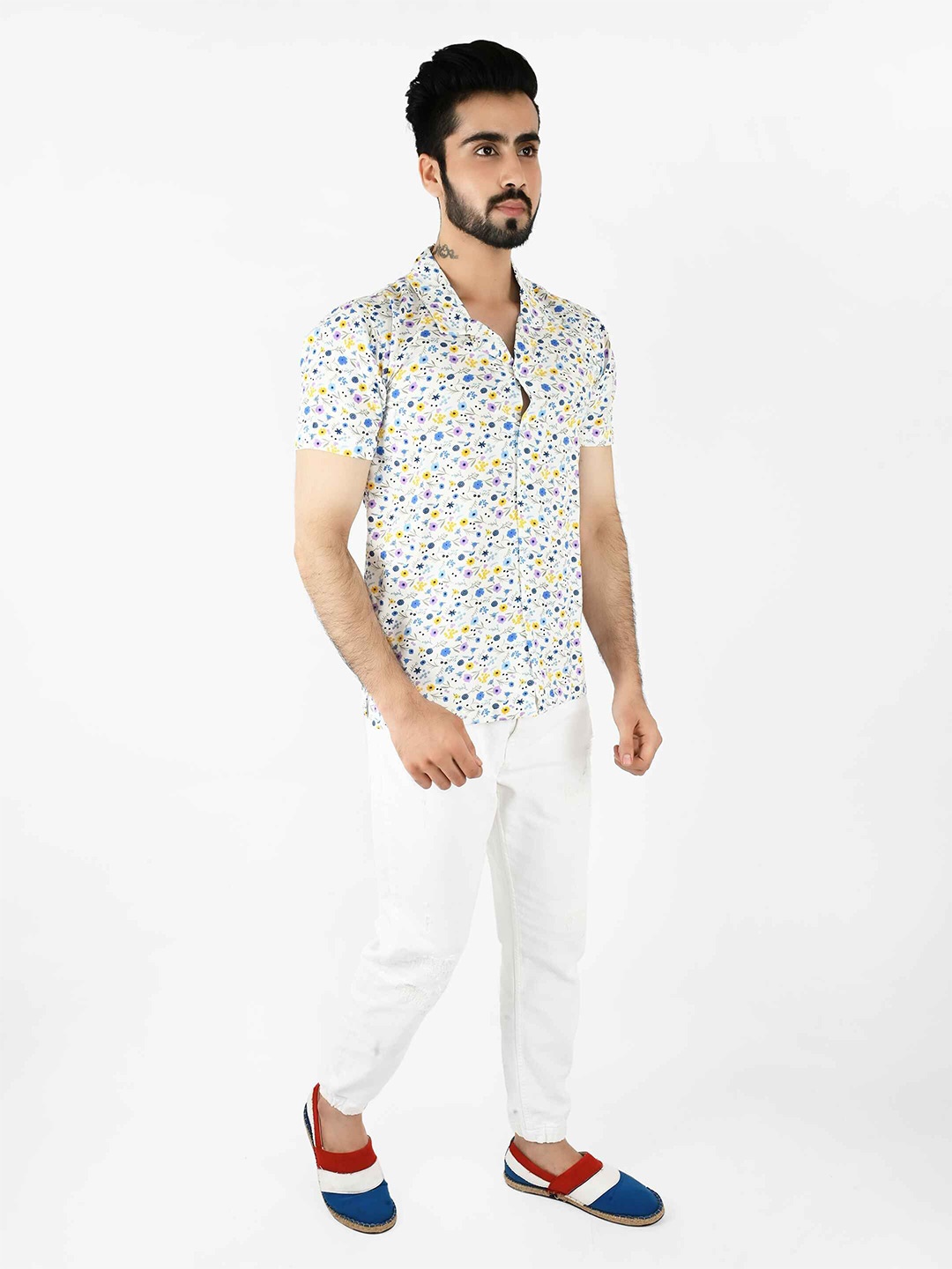 

Blissence Men Comfort Fit Cuban Collar Floral Printed Cotton Casual Shirt, White