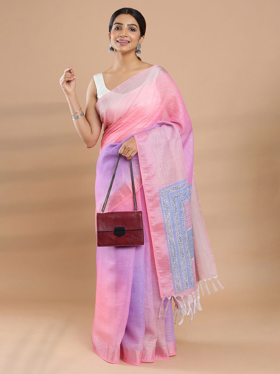 

Kalyan Silks Striped Sequinned Linen Blend Saree, Pink