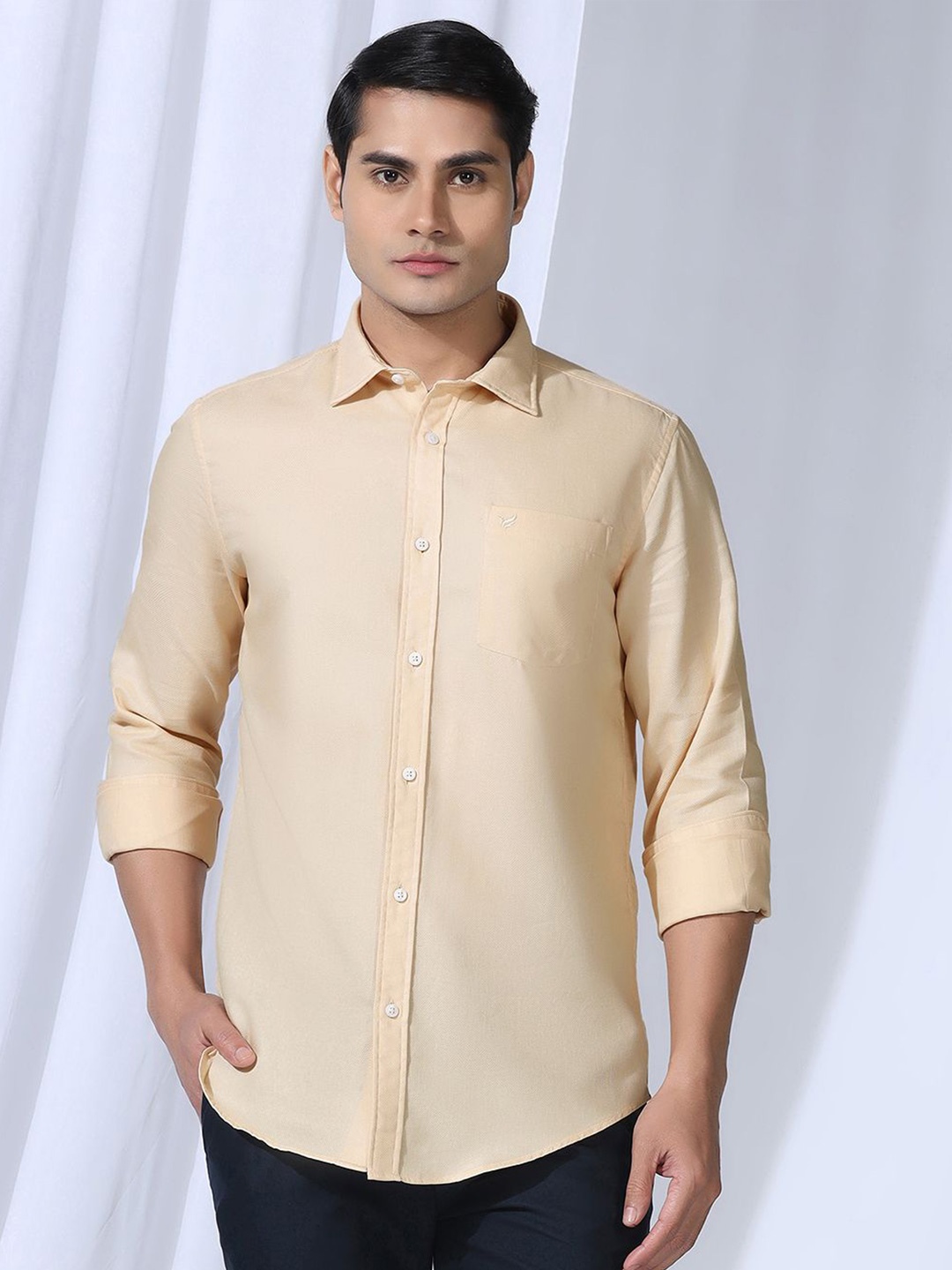 

Blackberrys Men India Slim Fit Spread Collar Textured Cotton Casual Shirt, Beige