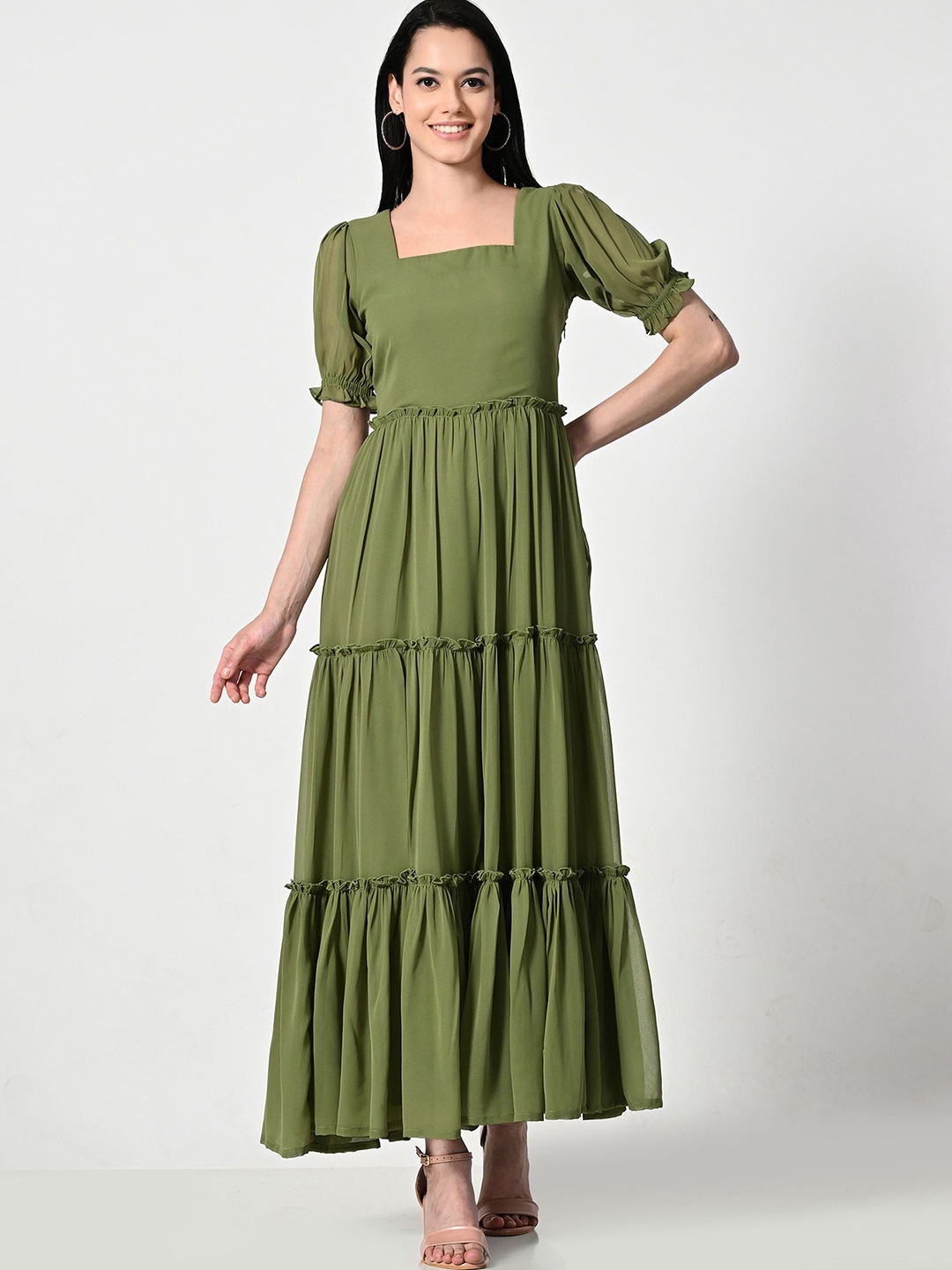 

BAESD Women Puff Sleeve Georgette A-Line Maxi Dress, Olive