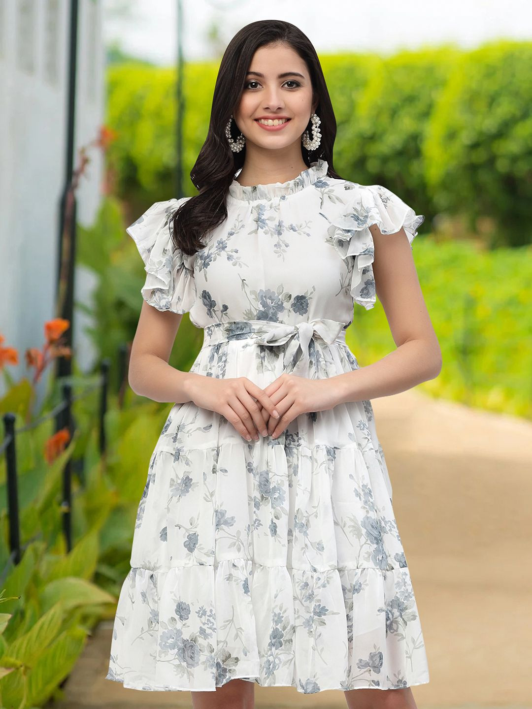 

MISS AYSE Floral Print Applique Fit & Flare Dress, Grey