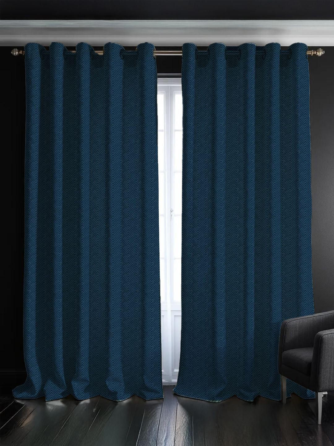 

URBAN SPACE Navy Blue 2 Pieces Self Design Black Out Door Curtains