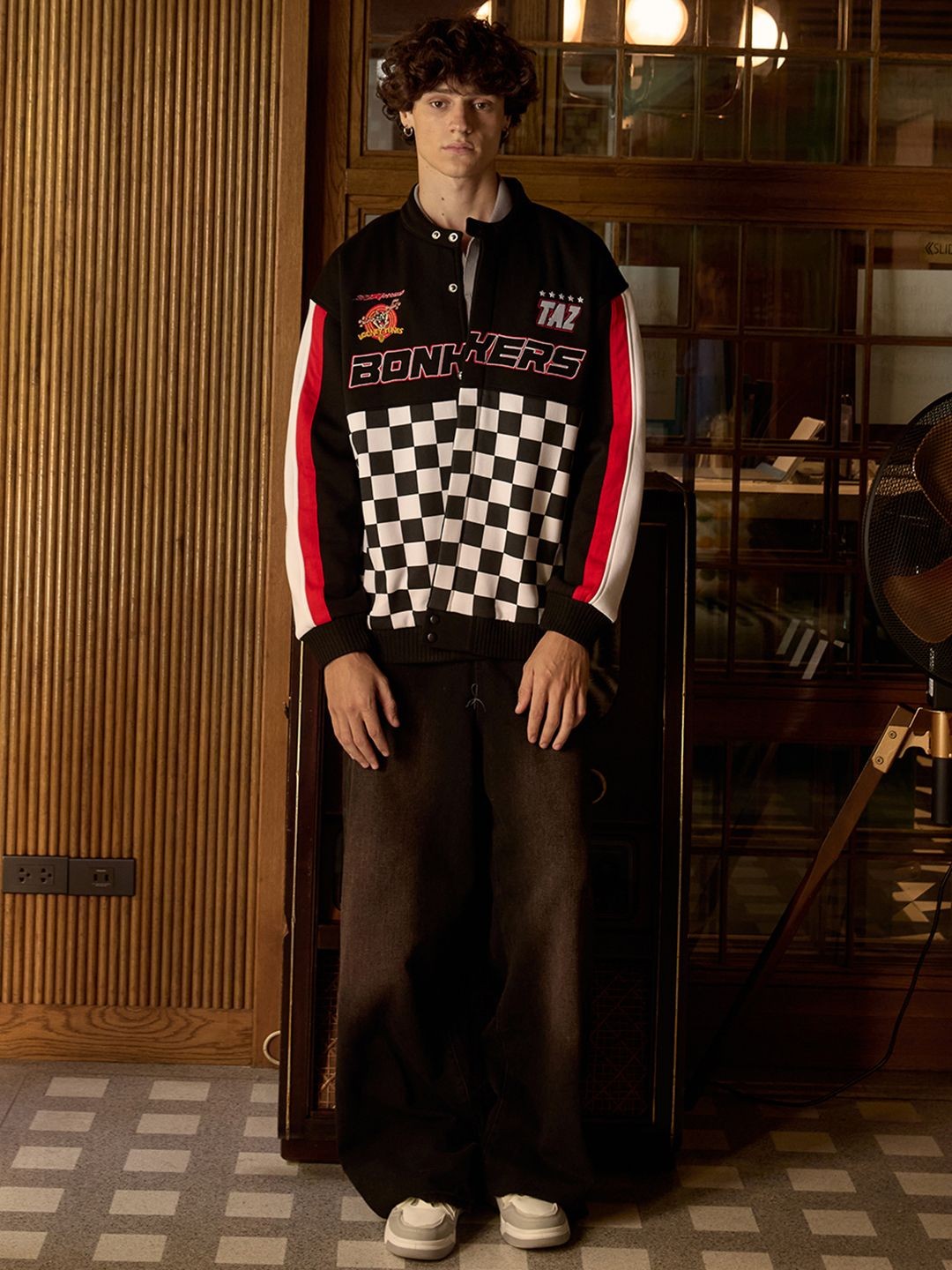 

Bonkers Corner Men Mandarin Collar Graphic Printed Cotton Casual Varsity Jacket, Black