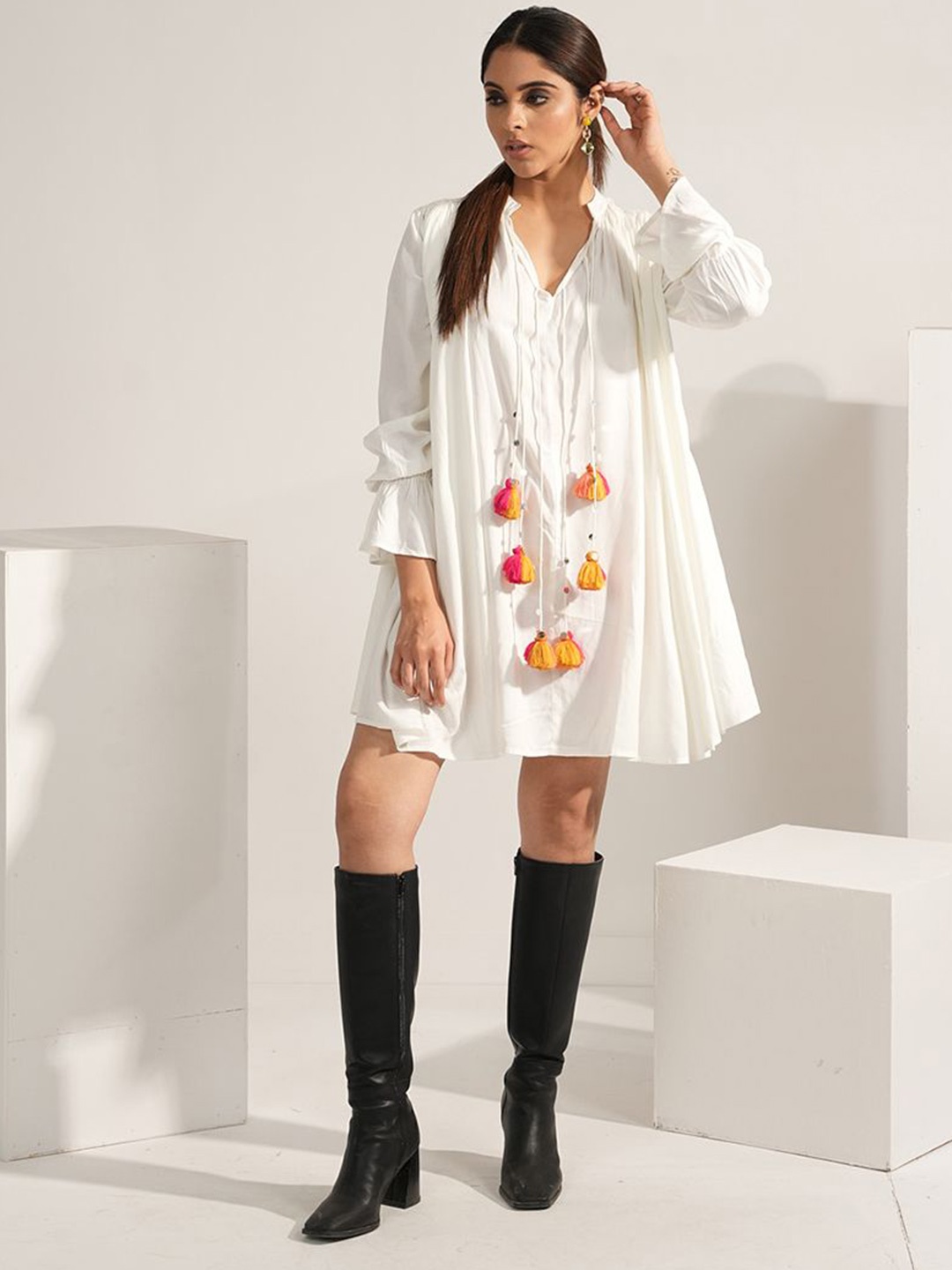 

Aamili Women Printed A-Line Dress, White
