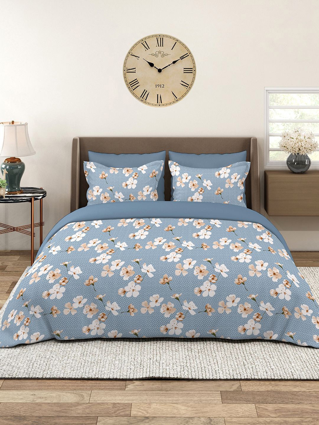 

Layers Home Easy Blue 100% Cotton 144 TC Floral Print King Bedsheet Set 2.74 m x 2.74 m