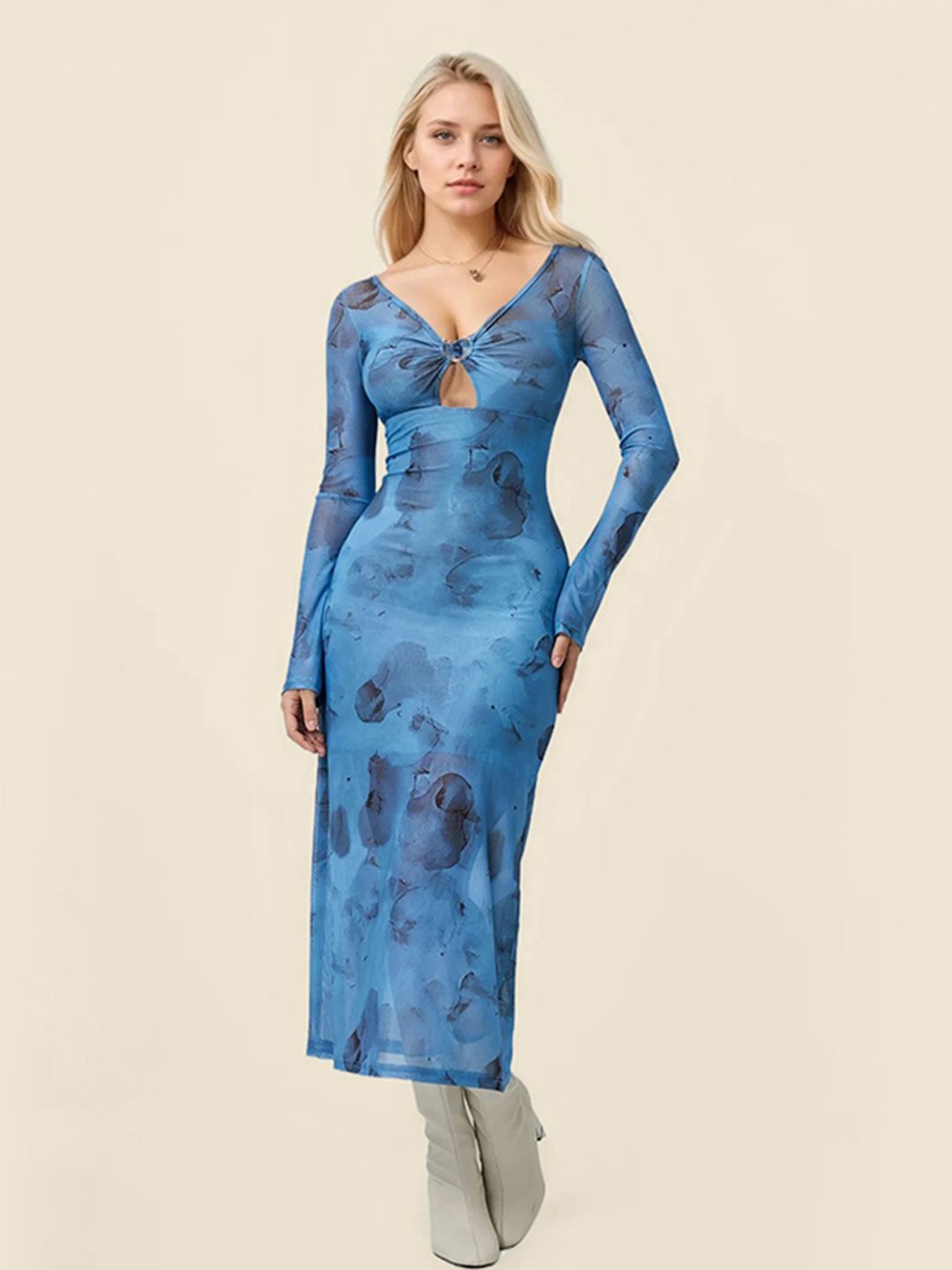 

StyleCast Women V-Neck Tie and Dye Sheath Midi Dress with Cut Out Details, Blue