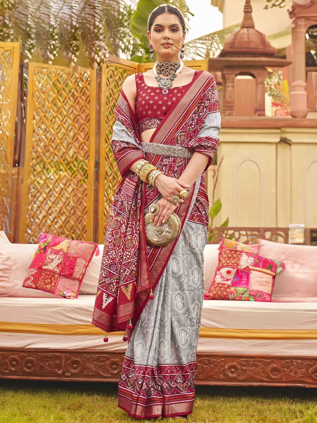 

Mitera Floral Silk Blend Patola Saree, Grey