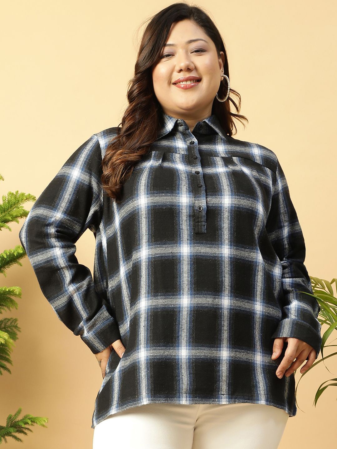 

Oxolloxo Women Plus Size Checked Collared Button-Down Cotton Shirt, Black