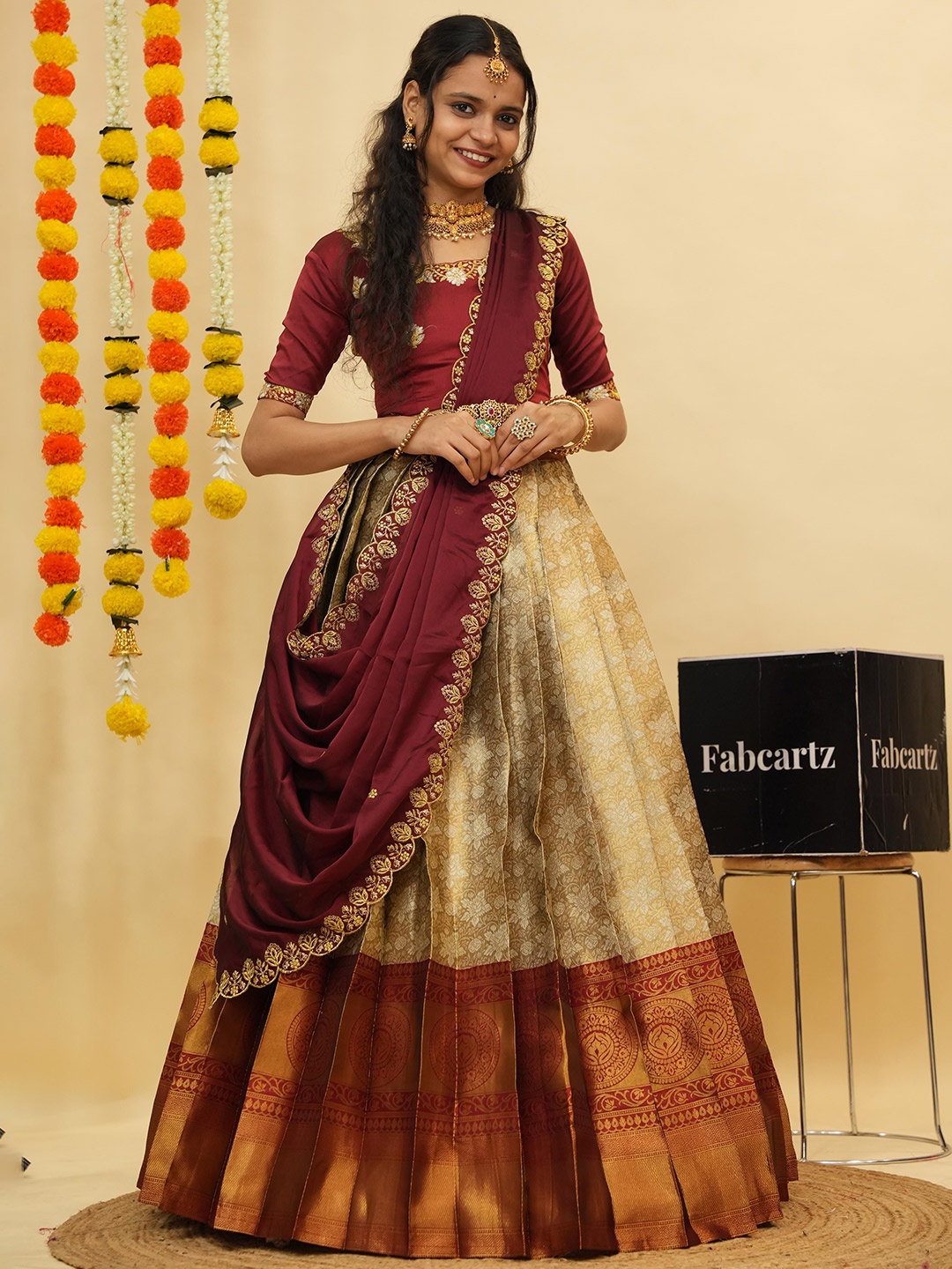 

Fabcartz Embroidered Zari Work Semi-Stitched Lehenga With Unstitched Blouse & Dupatta, Maroon