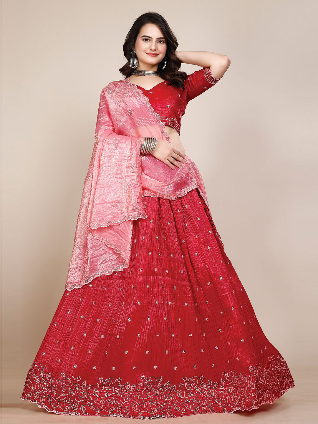 

Jogmaya Fashion Embroidered Organza Ready To Wear Lehenga With Unstitched Blouse & Dupatta, Red